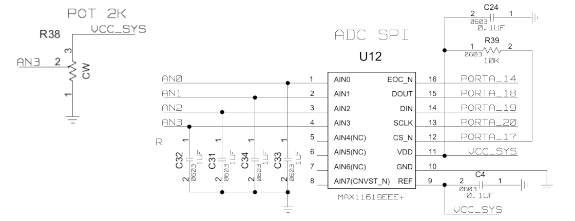 Board schematic for ADC and Potentiometer